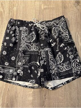 SHEIN Black and White Paisley Drawstring Swim Shorts